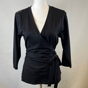 Boston Proper Black Lace Back Wrap Top Blouse Women's M 3/4 Sleeve Knit